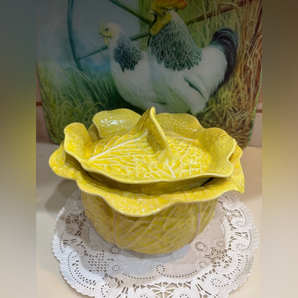 Secla  Portugal Majolica Yellow Cabbage Leaf Soup Tureen
